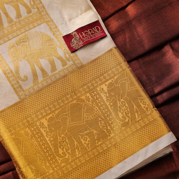 Horad Premium Art Silk Cream Emboss Elephant Shirt Material+Dhoti (2 in 1)