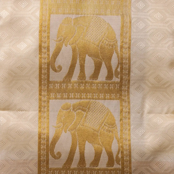 Horad Premium Art Silk Cream Emboss Elephant Shirt Material+Dhoti (2 in 1)