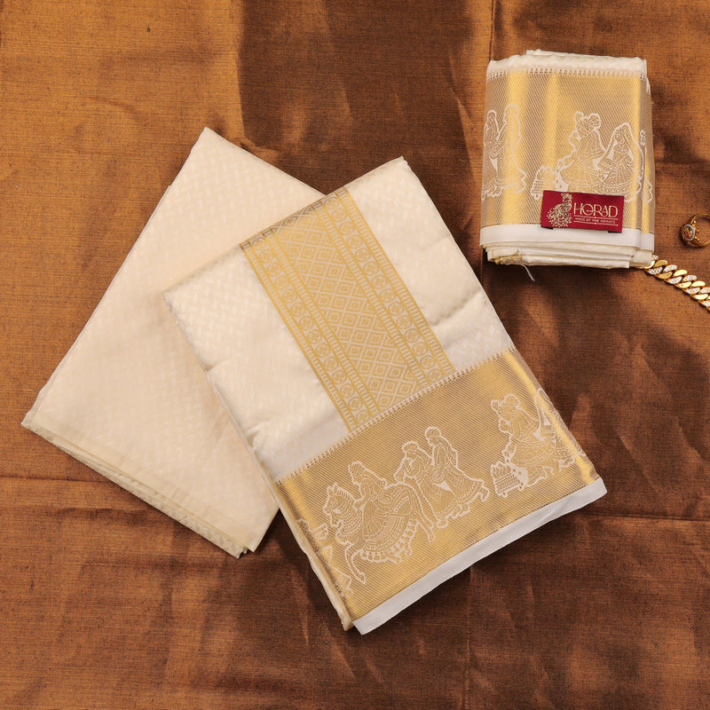 Horad Premium Art Silk Cream Emboss Pallaku Border Shirt Material + Dhoti + Angavastram