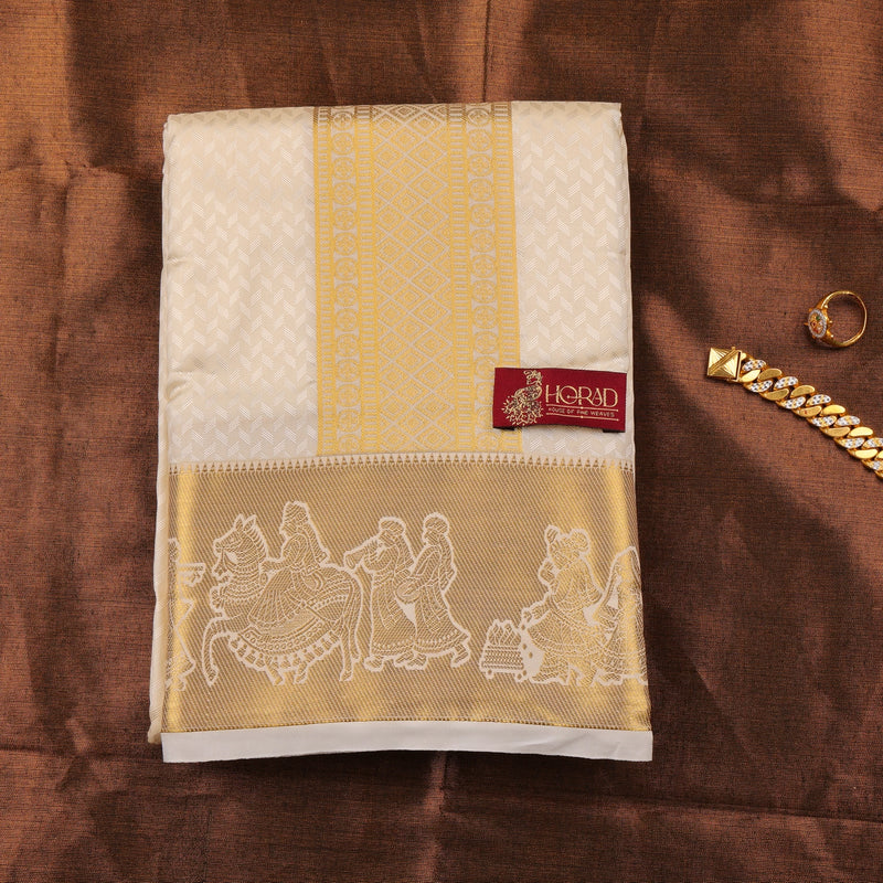 Horad Premium Art Silk Cream Emboss Pallaku Border Shirt Material + Dhoti + Angavastram