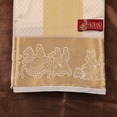 Horad Premium Art Silk Cream Emboss Pallaku Border Shirt Material + Dhoti + Angavastram