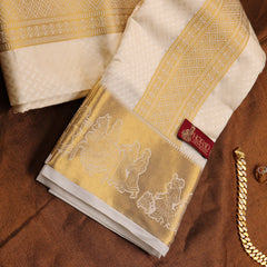 Horad Premium Art Silk Cream Emboss Pallaku Border Shirt Material + Dhoti + Angavastram