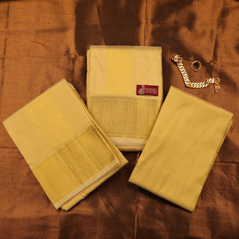 Horad Premium Art Silk Gold Emboss Shirt Material + Dhoti + Angavastram