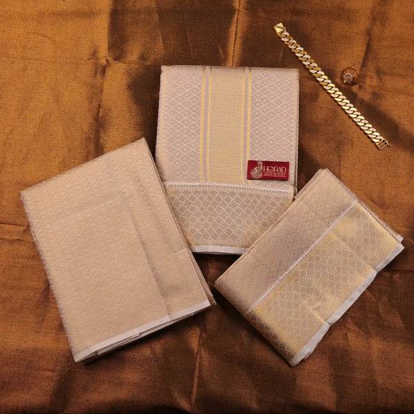 Horad Premium Art Silk Tissue Double Warp Sandstone Emboss Shirt Material + Dhoti + Angavastram (3 in 1)
