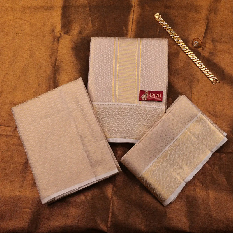 Horad Premium Art Silk Tissue Double Warp Sandstone Emboss Shirt Material + Dhoti + Angavastram (3 in 1)