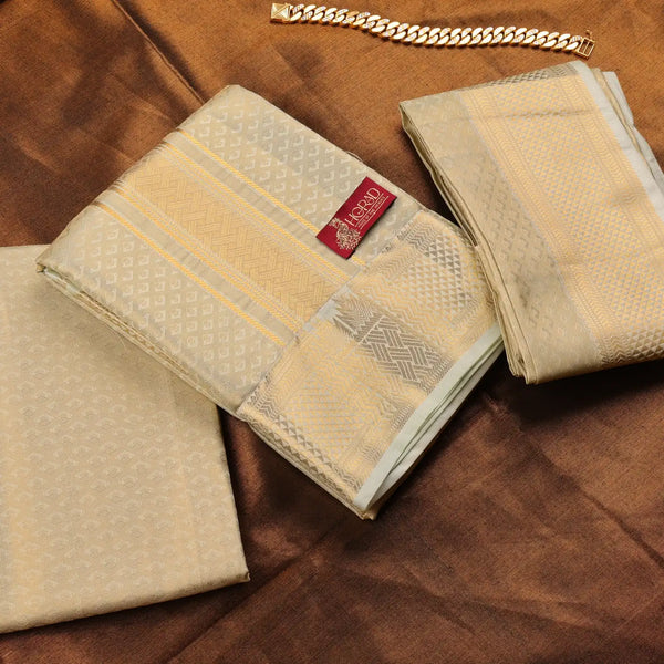 Horad Premium Art Silk Tissue Double Warp FIR.Green Emboss Shirt Material + Dhoti + Angavastram