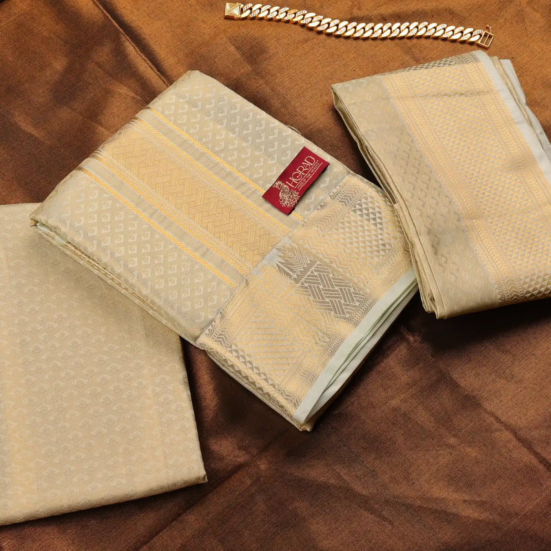 Horad Premium Art Silk Tissue Double Warp FIR.Green Emboss Shirt Material + Dhoti + Angavastram