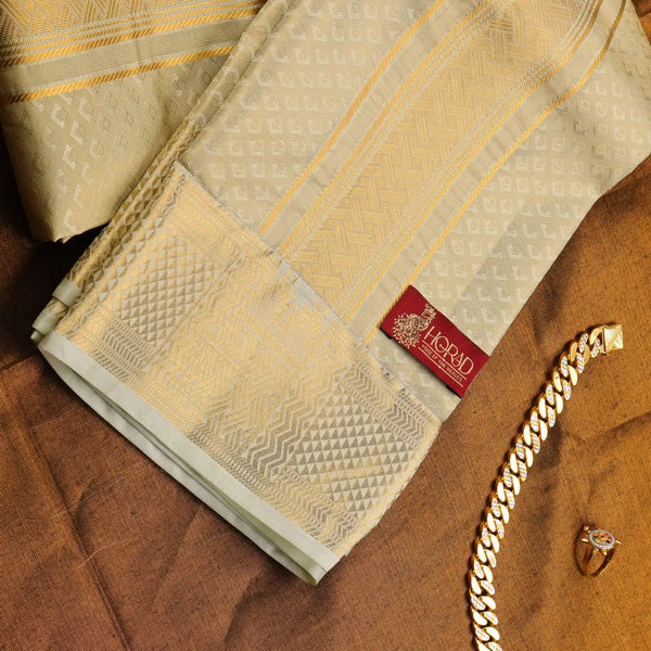 Horad Premium Art Silk Tissue Double Warp FIR.Green Emboss Shirt Material + Dhoti + Angavastram