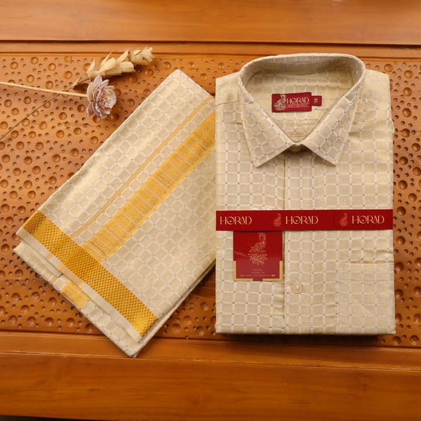Horad Kora Cotton Tissue Big Square Emboss Light Gold Shirt + Dhoti