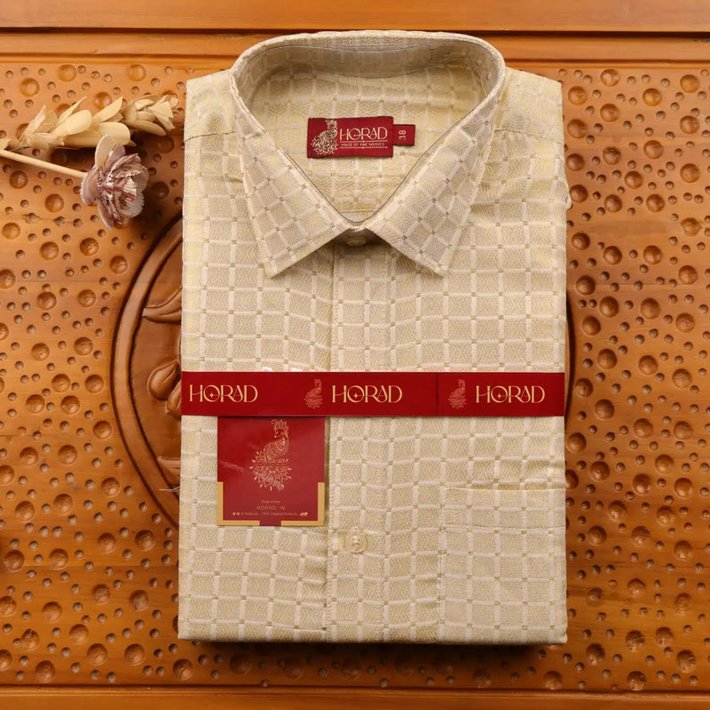 Horad Kora Cotton Tissue Big Square Emboss Light Gold Shirt + Dhoti