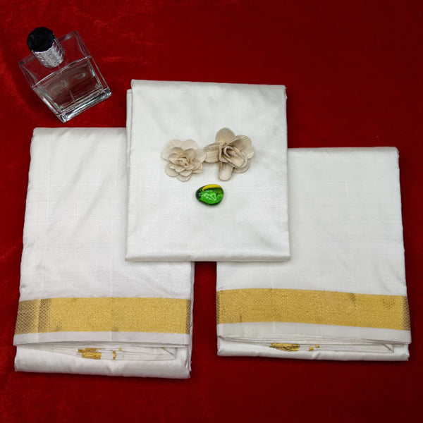 Horad Pure Silk Cream 1.50” Shirt Material + Dhoti + Angavastram (9X5)