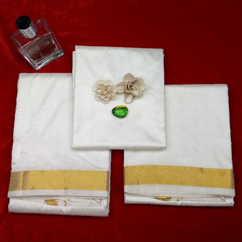 Horad Pure Silk Cream 1.50” Dhoti +Shirt Material + Angavastram (8X4)