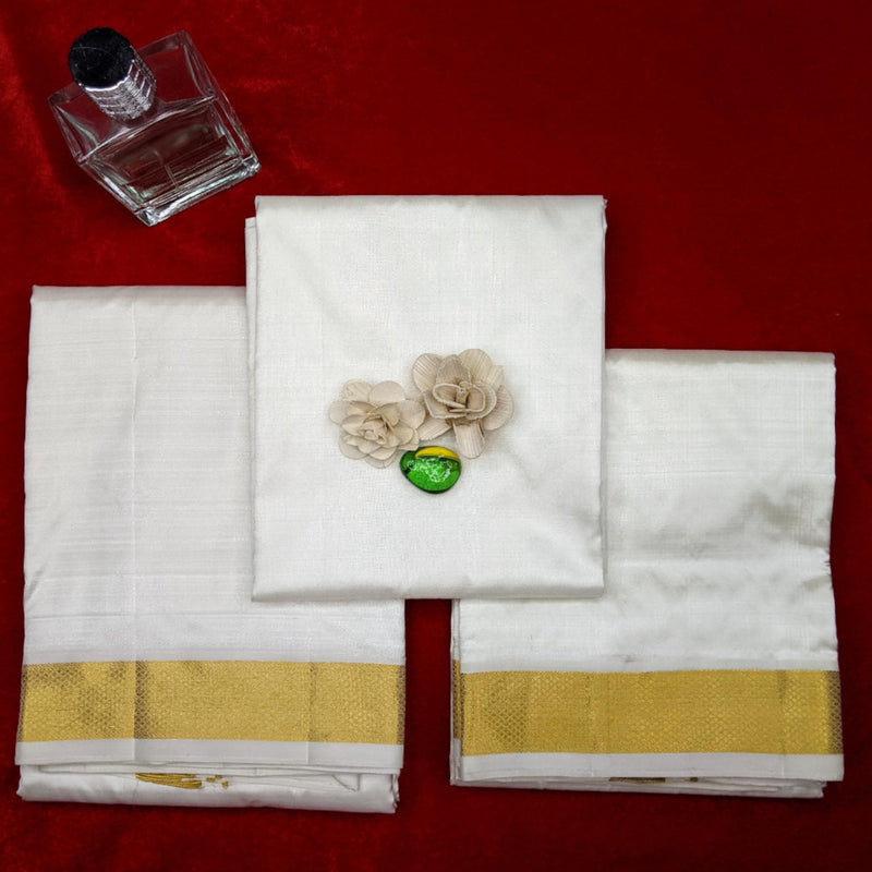 Horad Pure Silk Cream 1.75” Shirt Material + Dhoti + Angavastram (8X4)