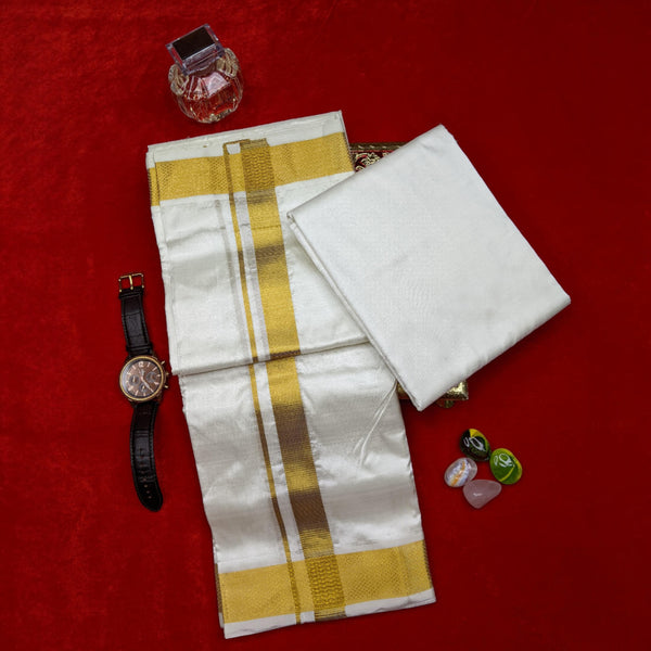 Horad Pure Silk Cream 1.75” Shirt Material + Dhoti + Angavastram (9X5)