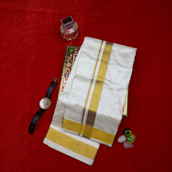 Horad Pure Silk Cream 1.75” Shirt Material + Dhoti + Angavastram (9X5)
