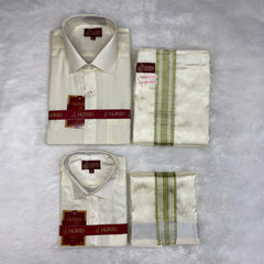 Horad Premium Art Silk Dad and Son Cream Shirt + Cream with FIR.Green+Silver Border Welcro Dhoti