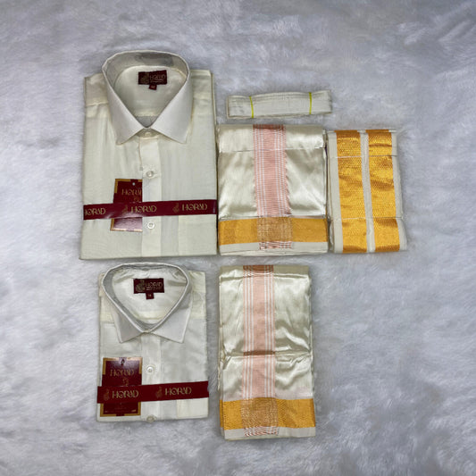Horad Premium Art Silk Dad and Son Cream Shirt + Cream with RoseGold+Gold Border Dhoti + Angavastram + Belt
