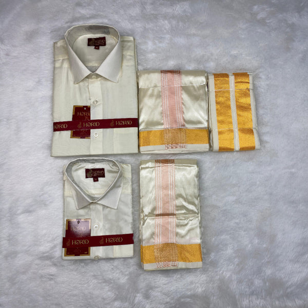 Horad Premium Art Silk Dad and Son Cream Shirt + Cream with RoseGold+Gold Border Dhoti + Angavastram