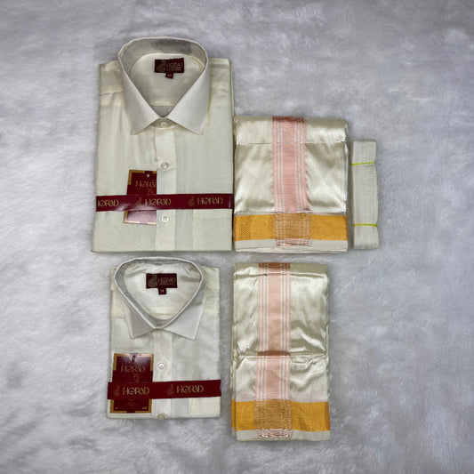 Horad Premium Art Silk Dad and Son Cream Shirt + Cream with RoseGold+Gold Border Dhoti + Belt