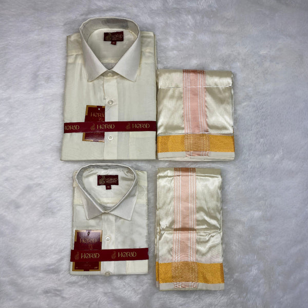 Horad Premium Art Silk Dad and Son Cream Shirt + Cream with RoseGold+Gold Border Dhoti