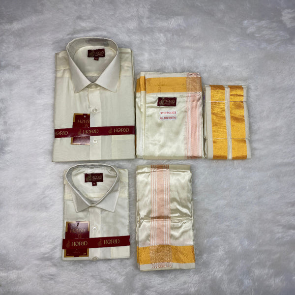 Horad Premium Art Silk Dad and Son Cream Shirt + Cream with RoseGold+Gold Border Welcro Dhoti + Angavastram