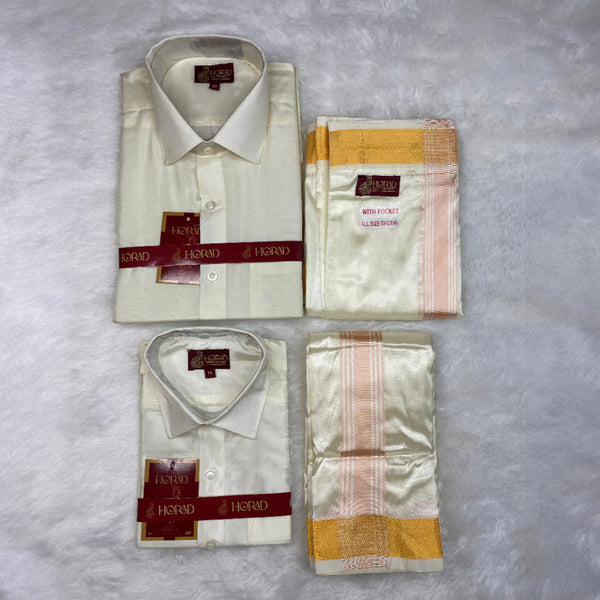 Horad Premium Art Silk Dad and Son Cream Shirt + Cream with RoseGold+Gold Border Welcro Dhoti
