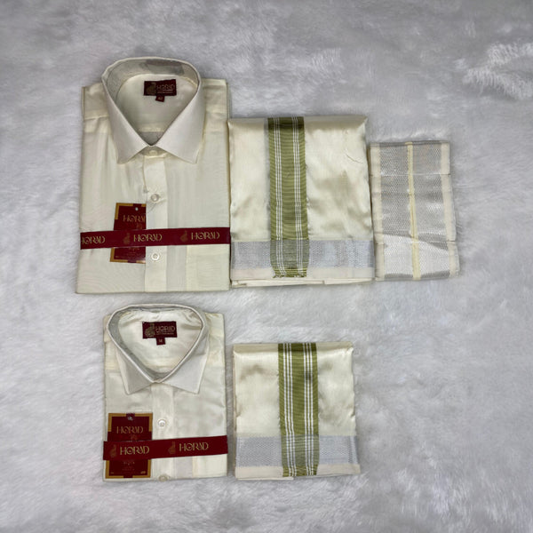 Horad Premium Art Silk Dad and Son Cream Shirt + Cream with FIR.Green+Silver Border Dhoti + Angavastram
