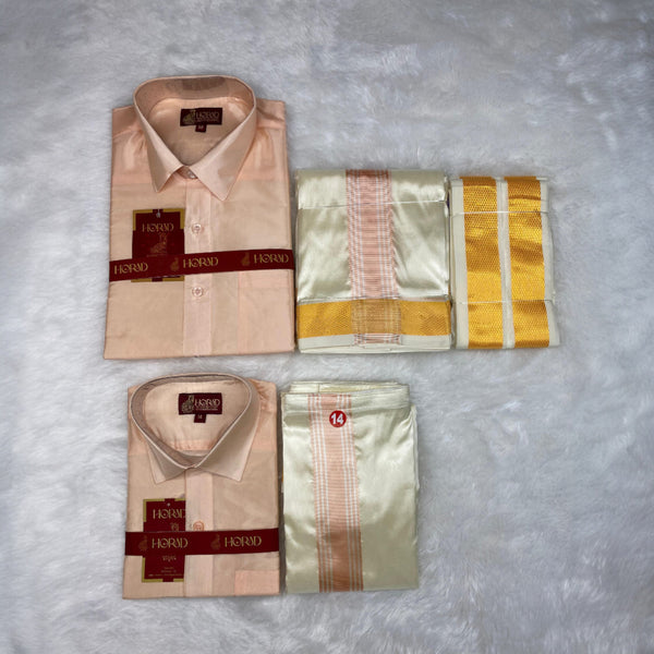 Horad Premium Art Silk Dad and Son RoseGold Shirt + Cream with RoseGold+Gold Border Dhoti + Angavastram