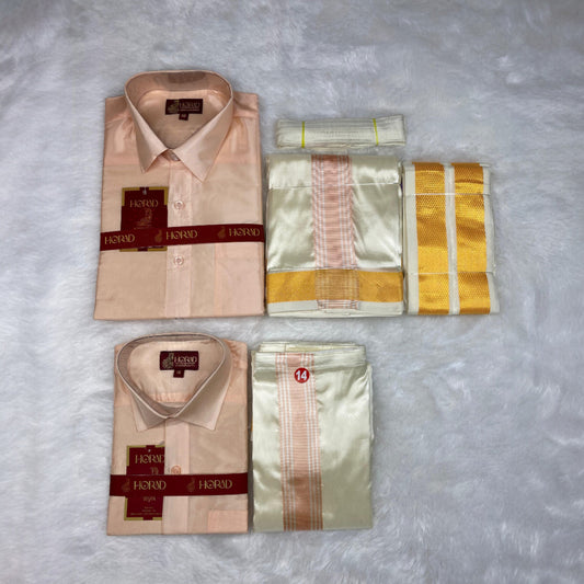 Horad Premium Art Silk Dad and Son RoseGold Shirt + Cream with RoseGold+Gold Border Dhoti + Angavastram + Belt