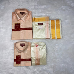 Horad Premium Art Silk Dad and Son RoseGold Shirt + Cream with RoseGold+Gold Border Welcro Dhoti + Angavastram