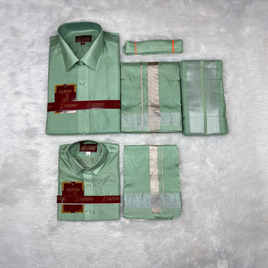 Horad Premium Art Silk Dad and Son Pista Green Shirt + Dhoti + Angavastram + Belt