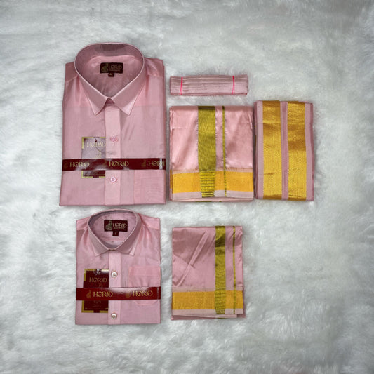 Horad Premium Art Silk Dad and Son Petal Pink Shirt + Dhoti + Angavastram + Belt