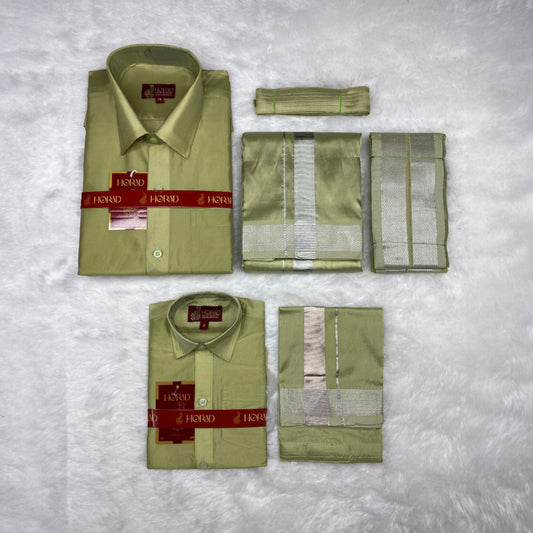Horad Premium Art Silk Dad and Son FIR.Green Shirt + Dhoti + Angavastram + Belt