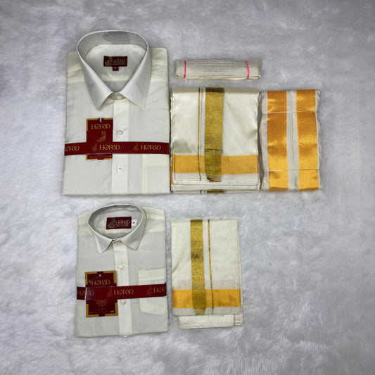 Horad Premium Art Silk Dad and Son Cream Shirt + Cream with Gold Dhoti + Angavastram + Belt
