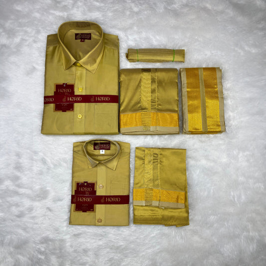 Horad Premium Art Silk Dad and Son Dark Gold Shirt + Dhoti + Angavastram + Belt