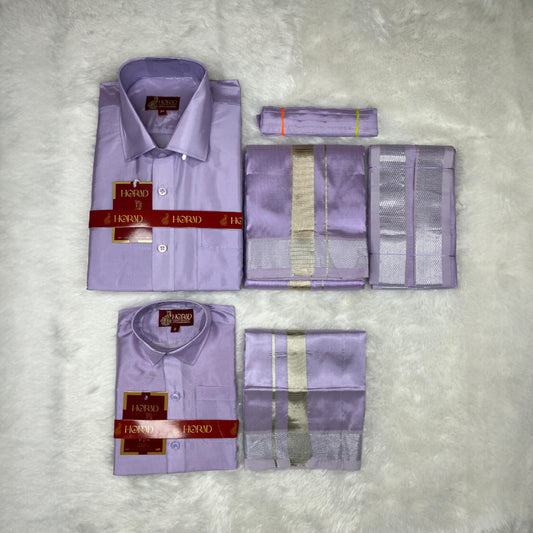 Horad Premium Art Silk Dad and Son Lavender Shirt + Dhoti + Angavastram + Belt