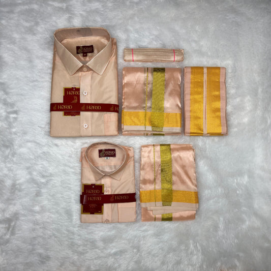 Horad Premium Art Silk Dad and Son Rose Gold Shirt + Dhoti + Angavastram + Belt