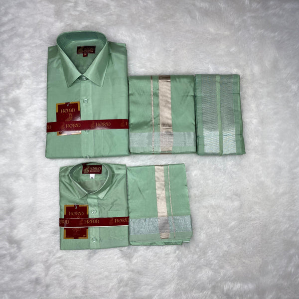 Horad Premium Art Silk Dad and Son Pista Green Shirt + Dhoti + Angavastram