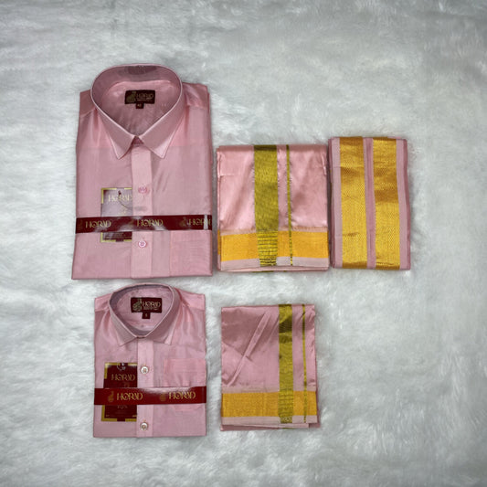 Horad Premium Art Silk Dad and Son Petal Pink Shirt + Dhoti + Angavastram