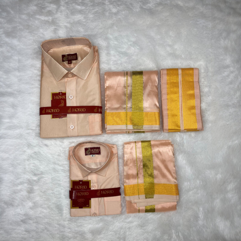 Horad Premium Art Silk Dad and Son Rose Gold Shirt + Dhoti + Angavastram