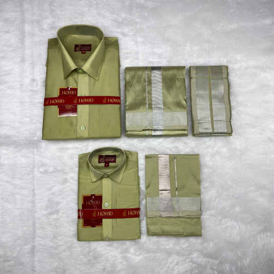 Horad Premium Art Silk Dad and Son FIR.Green Shirt + Dhoti + Angavastram
