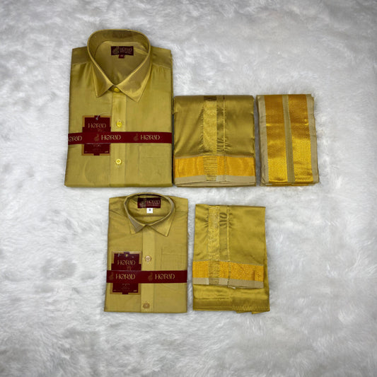 Horad Premium Art Silk Dad and Son Dark Gold Shirt + Dhoti + Angavastram