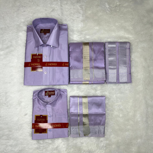Horad Premium Art Silk Dad and Son Lavender Shirt + Dhoti + Angavastram