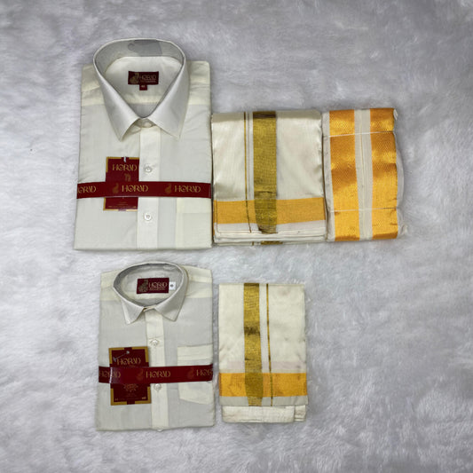 Horad Premium Art Silk Dad and Son Cream Shirt + Cream with Gold Dhoti + Angavastram