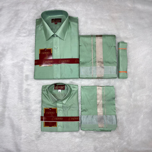 Horad Premium Art Silk Dad and Son Pista Green Shirt + Dhoti + Belt
