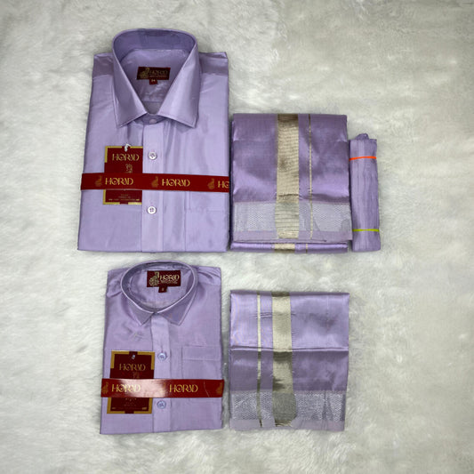 Horad Premium Art Silk Dad and Son Lavender Shirt + Dhoti + Belt