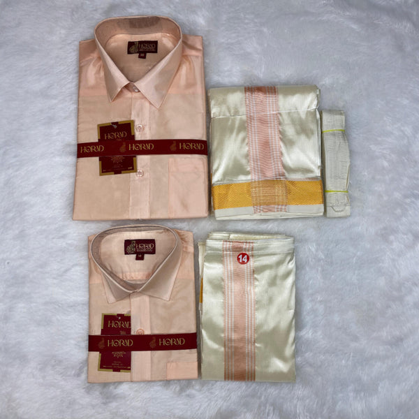 Horad Premium Art Silk Dad and Son RoseGold Shirt + Cream with RoseGold+Gold Border Dhoti + Belt