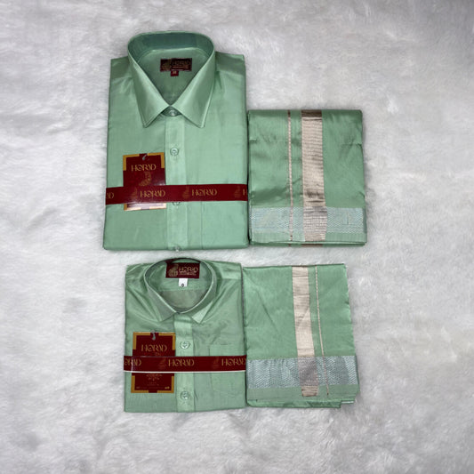 Horad Premium Art Silk Dad and Son Pista Green Shirt + Dhoti