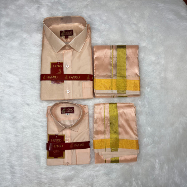 Horad Premium Art Silk Dad and Son Rose Gold Shirt + Dhoti