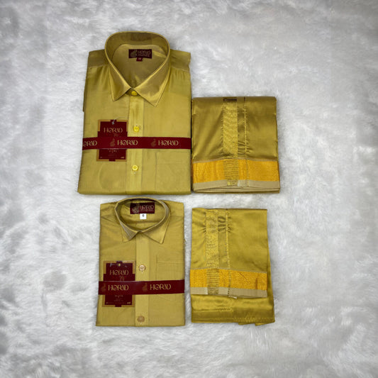 Horad Premium Art Silk Dad and Son Dark Gold Shirt + Dhoti